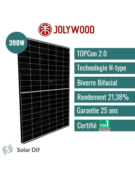 Panneau solaire JOLYWOOD 390W Cadre noir Bifacial BiverreN-Type JW-HD120N-390W