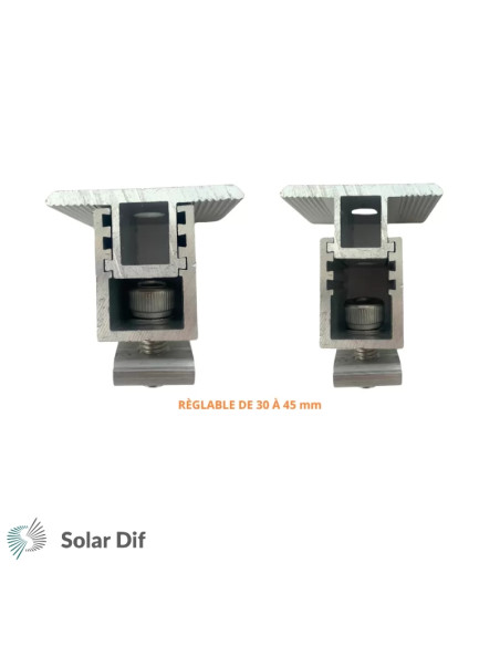 Clame / bride de milieu de rail ajustable SOLARFIX pour panneaux solaires épaisseur de 30 à 45mm